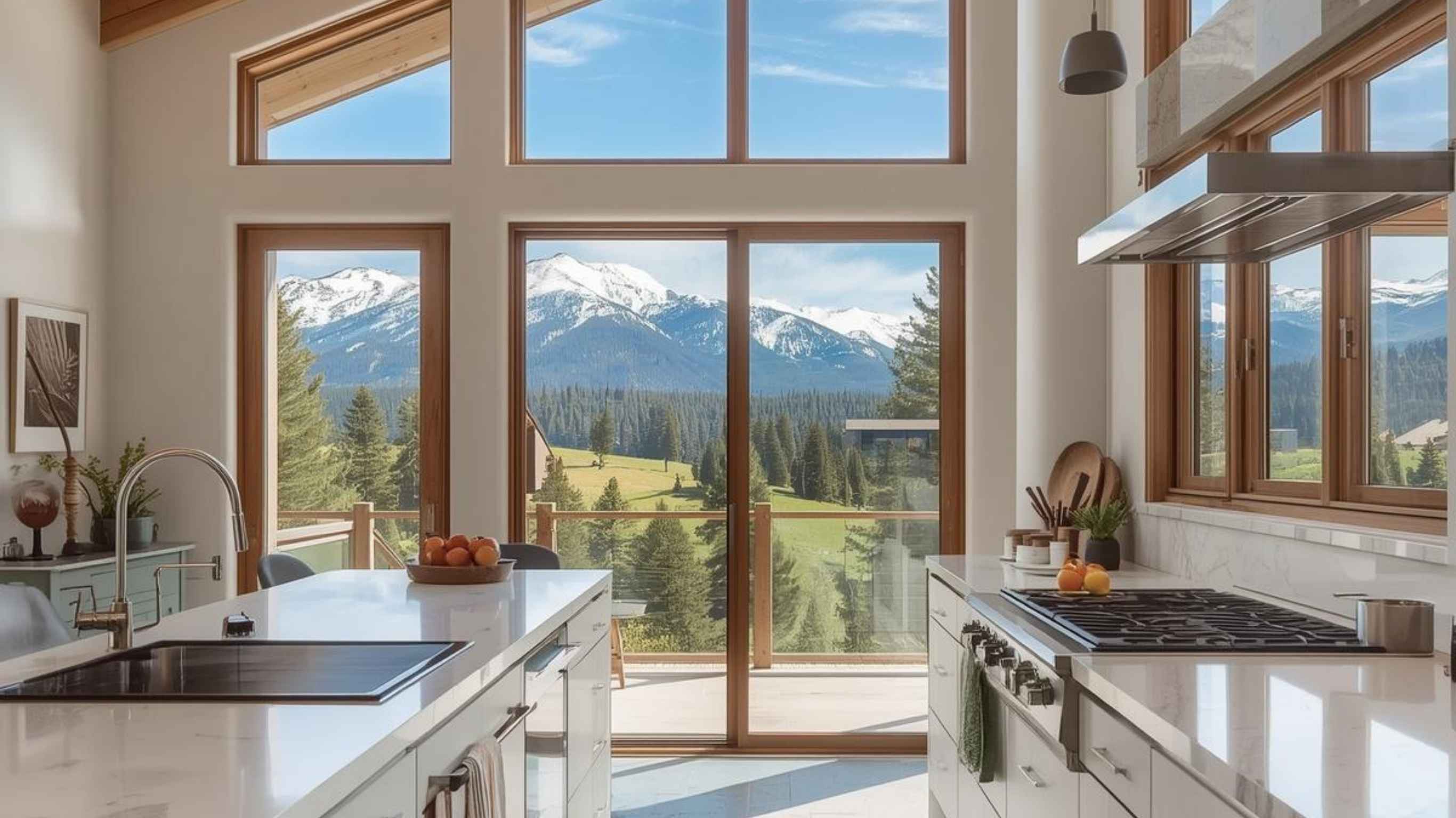 Luxury Colorado mountain home kitchen with snow-capped peak views